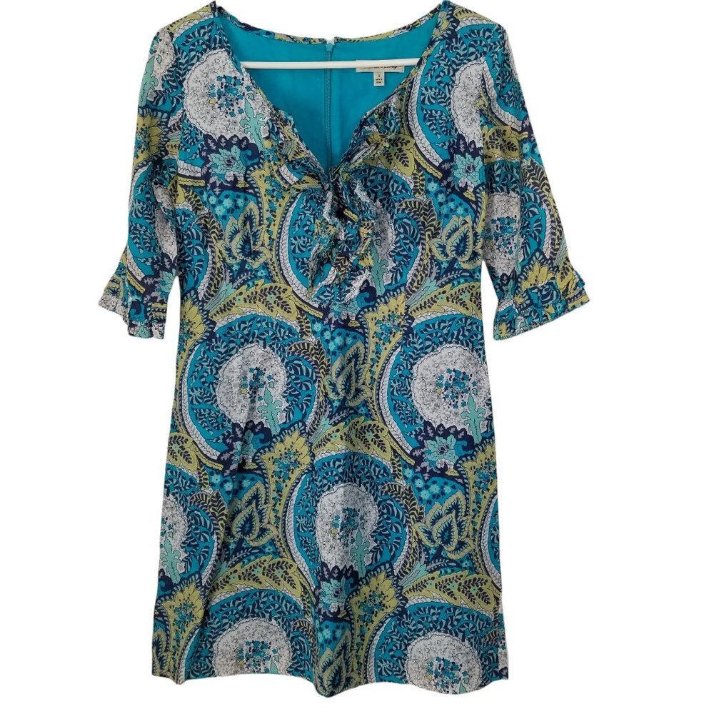 Beth Bowley Women's Blue & Green Floral Print Ruffle Collar Sheath Dress…
